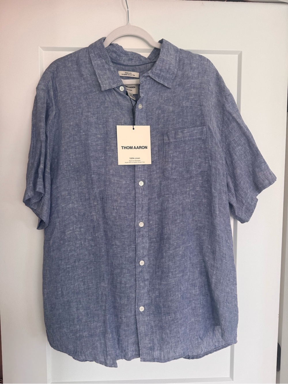 Men’s Short-Sleeve Button-Down Shirt in Light Blue Linen